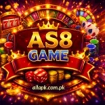 AS8 Game APK interface on Android mobile with gaming dashboard and bonus features